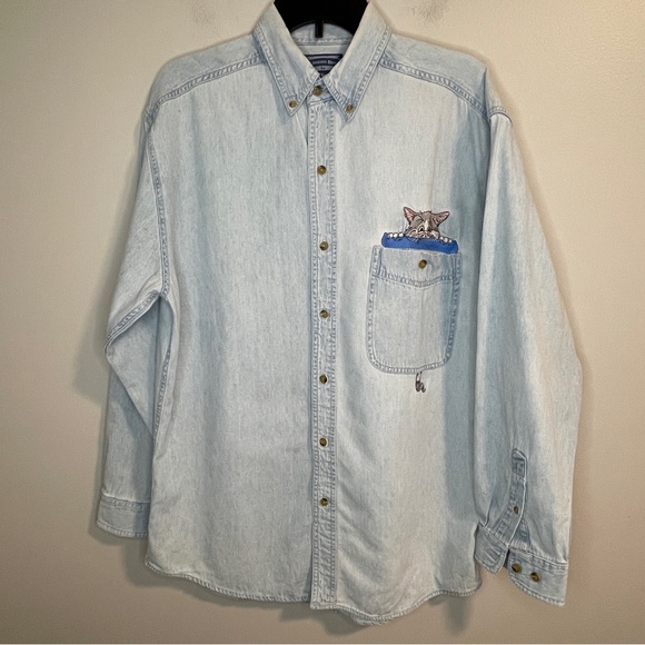 Light Blue Hidden Cat Embroidered Collar Long Sleeve Button Down Shirt - Picture 2 of 5